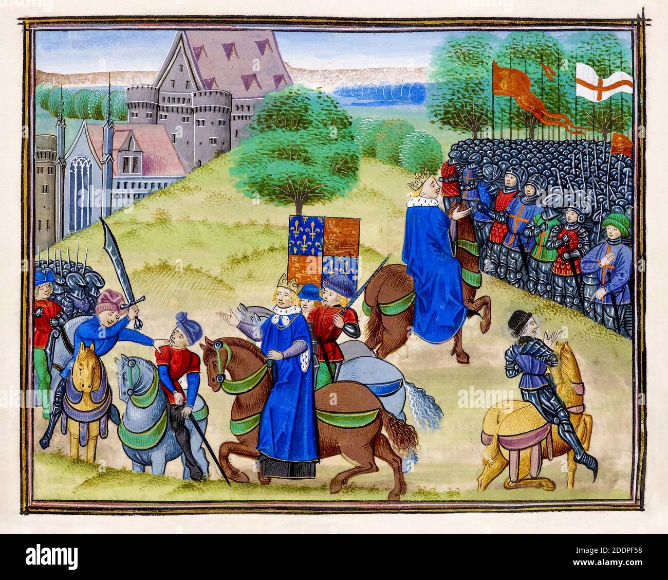 The Death of Wat Tyler (circa 1320/43-1381) on 15th June 1381 with King Richard II of England looking on, 15th Century illuminated manuscript by Jean Froissart, 1483 Stock Photo