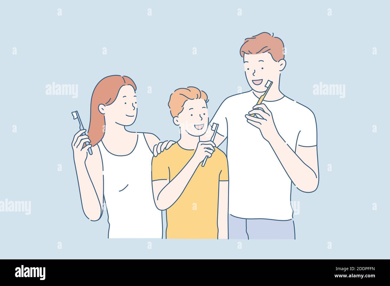 Personal hygiene concept. Happy family with toothbrushes in bathroom. Simple flat vector. Stock Vector