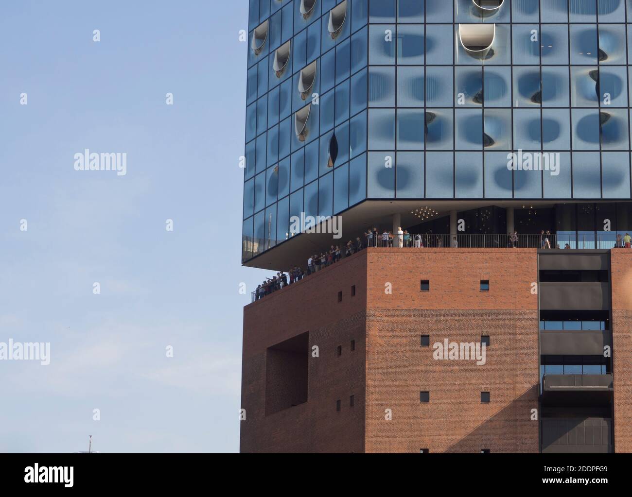 Elbphilharmonie, modern concert hall in Hamburg Germany by the architectHerzog & de Neuron, detail of facade with viewing balcony Stock Photo