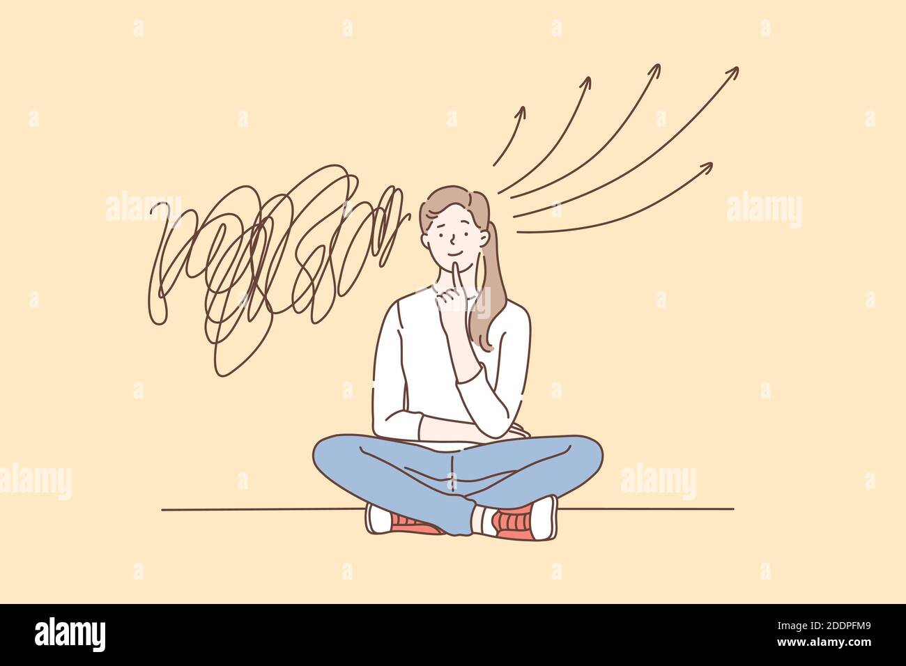Strategy, solution, brainstorm concept. A young woman solves a puzzle and finds a solution. Concentrated student girl thinking or looks for the answer Stock Vector