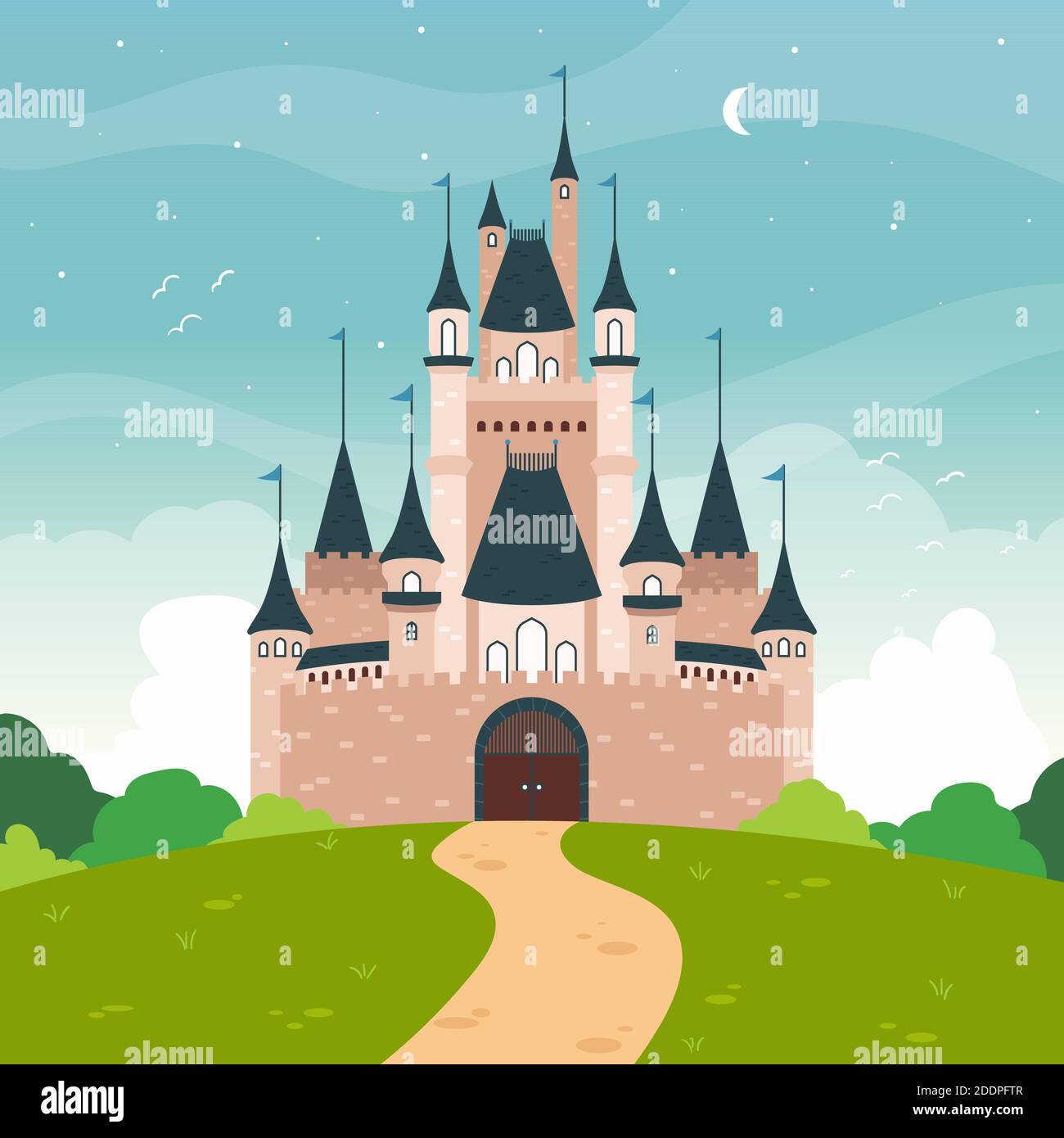 Fairytale castle landscape concept Vector illustration Stock Vector