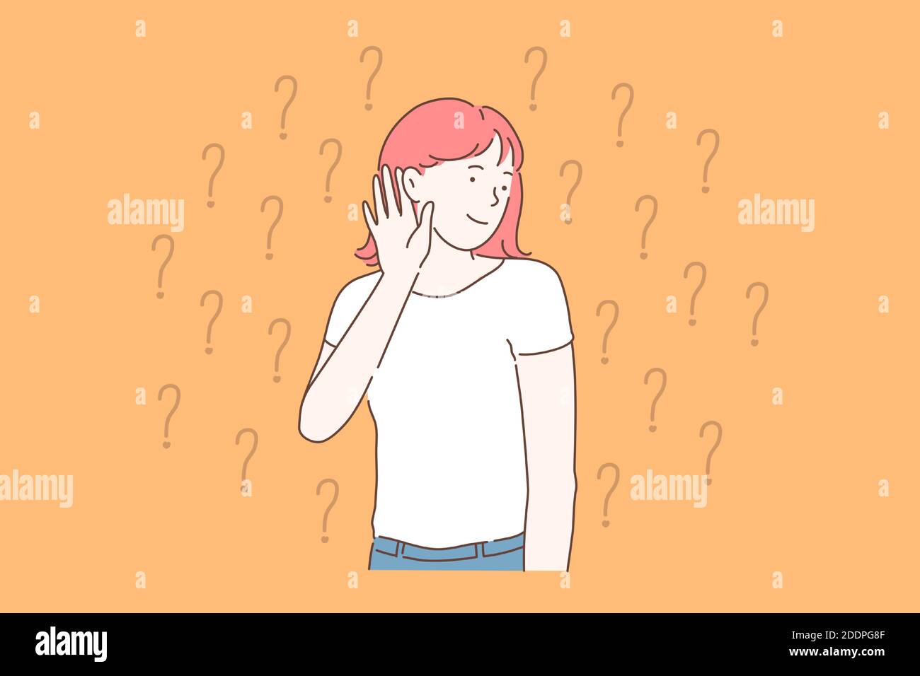 Curiosity, gossip, deafness concept. Young woman overhears the latest news with great interest. Interested student girl listens to the answer or hint. Stock Vector