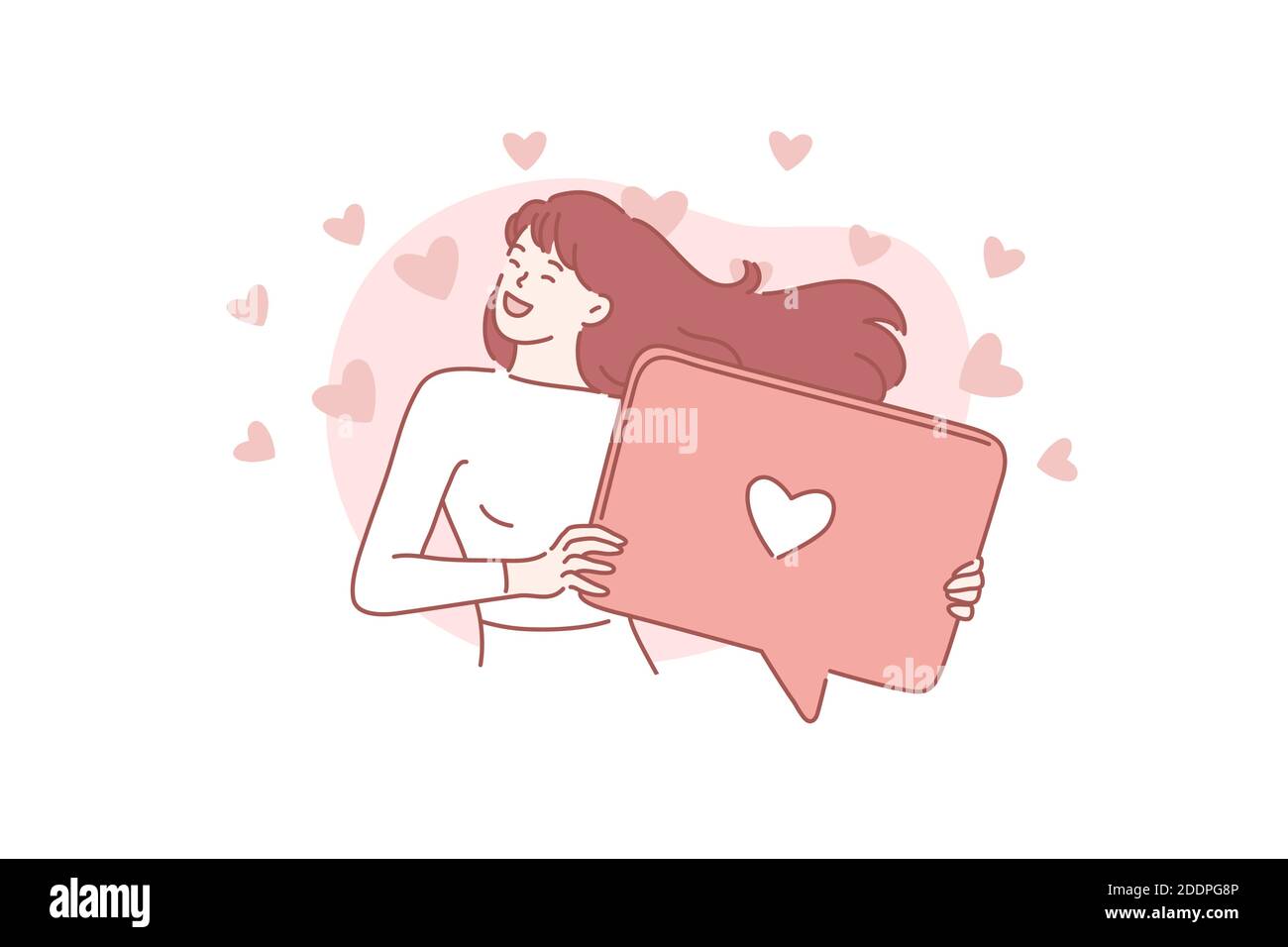 Social networking, promotion, smm concept. Young happy excited woman or girl holding a speech bubble. Sweet lady in a great mood puts a big like. Roma Stock Vector