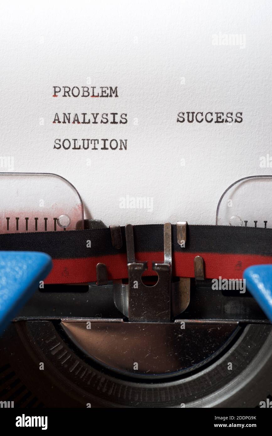 Problem analysis solution and success words written with a typewriter. Stock Photo