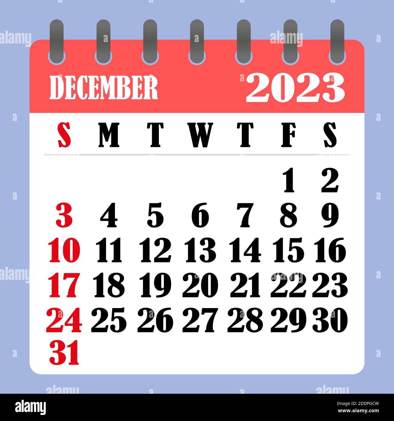 Letter calendar for December 2023. The week begins on Sunday. Time
