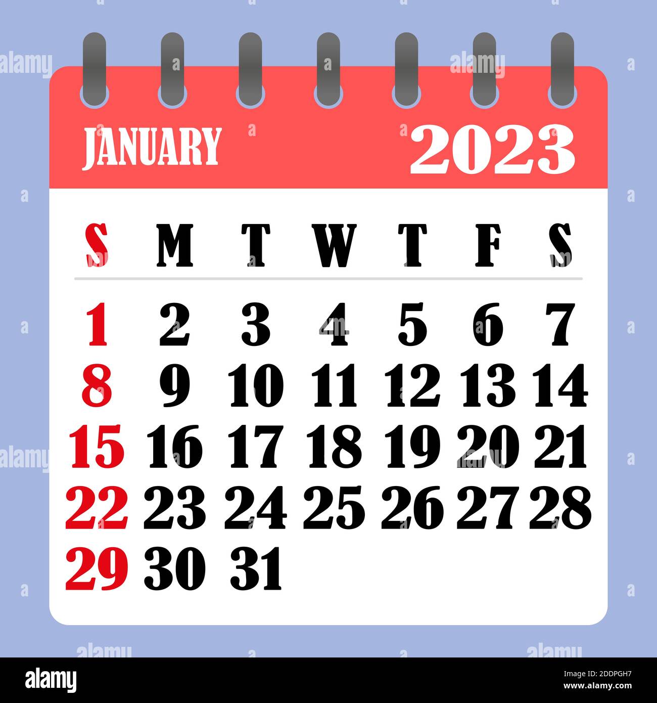 Letter calendar for January 2023. The week begins on Sunday. Time