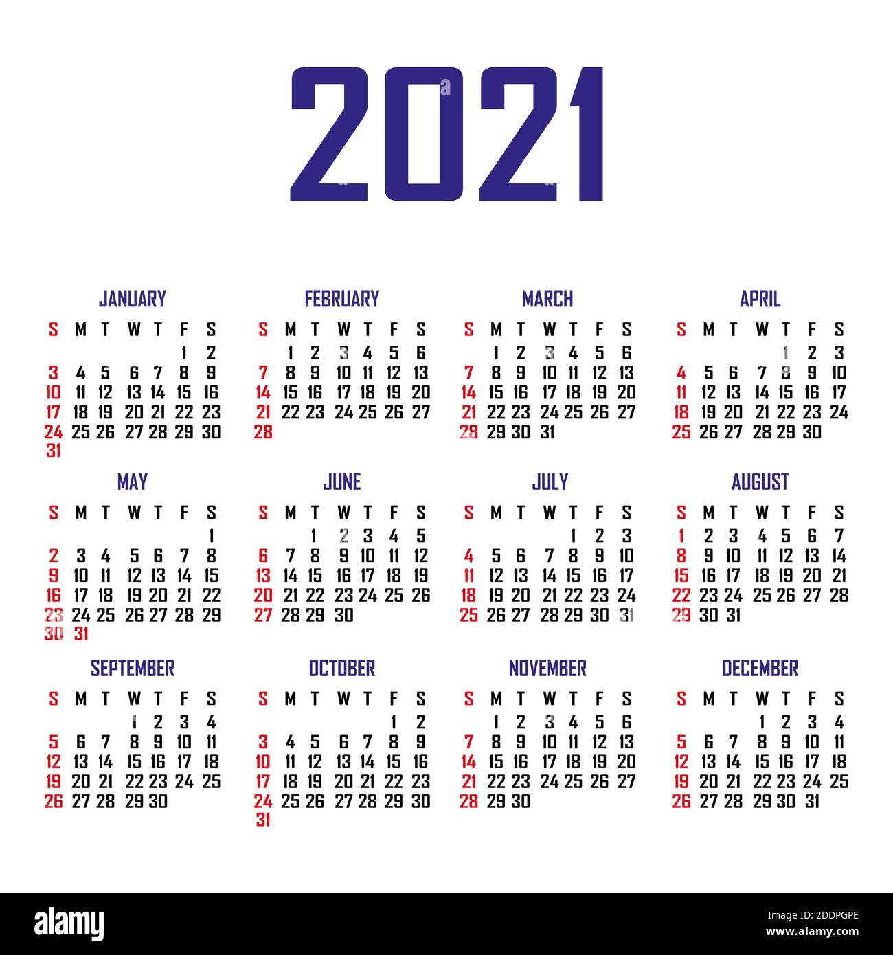 Calendar 2021. The week begins on Sunday. Simple calendar template. Portrait of vertical orientation. Annual organizer of stationery. Vector illustrat Stock Vector