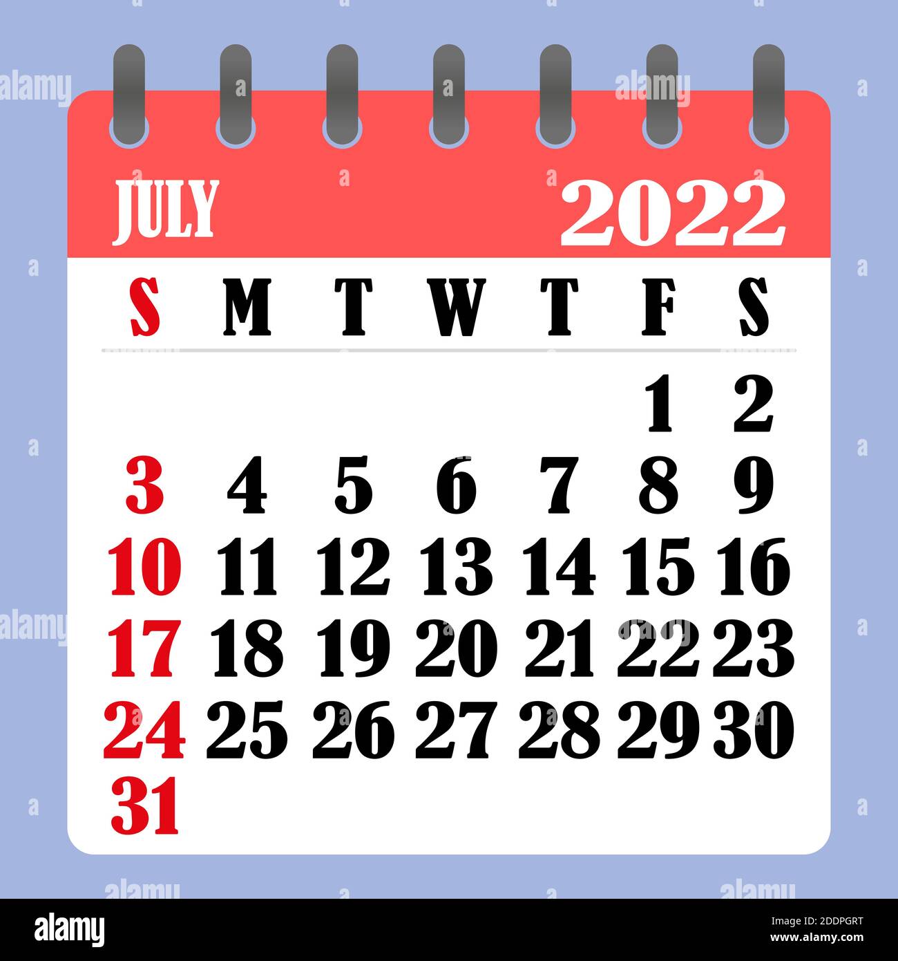 Letter calendar for July 2022. The week begins on Sunday. Time, planning  and schedule concept. Flat design. Removable calendar for the month. Vector  i Stock Vector Image & Art - Alamy