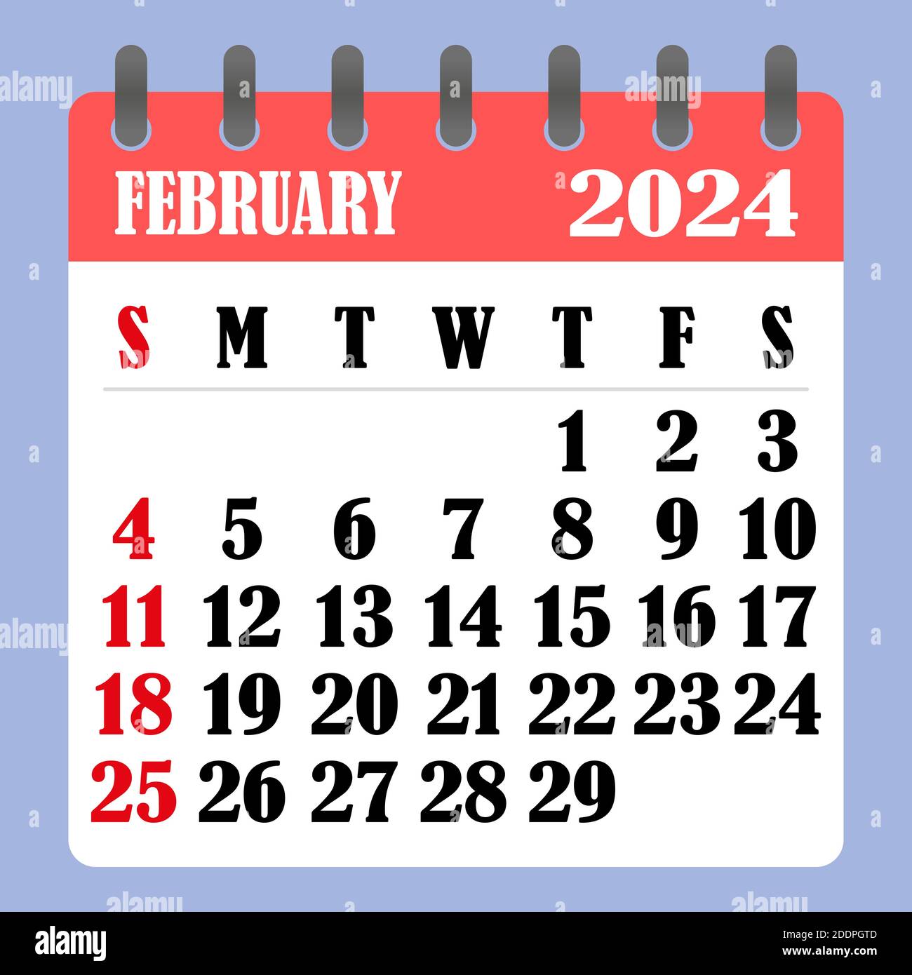 Letter calendar for February 2024. The week begins on Sunday. Time,  planning and schedule concept. Flat design. Removable calendar for the  month. Vect Stock Vector Image & Art - Alamy