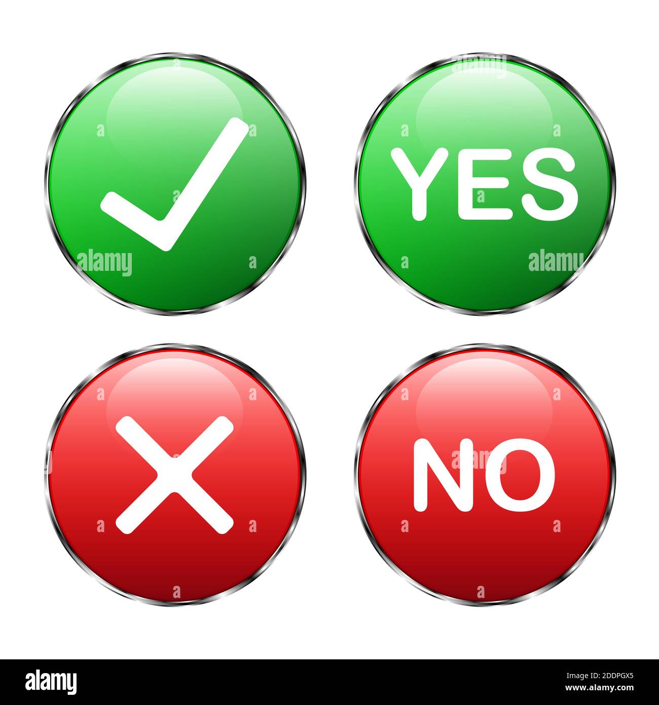 Green tick and red cross. Yes or no. 3D button with shadow on a white background with a metal outline. True or false. Buttons for websites, gadgets, a Stock Vector