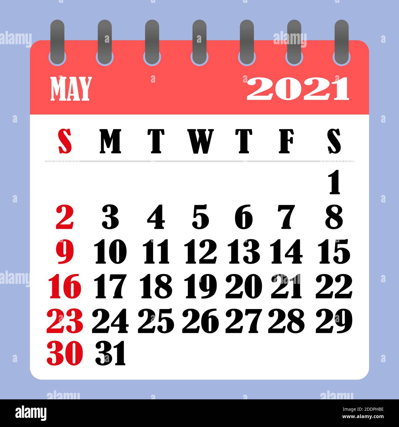 Letter calendar for May 2021. The week begins on Sunday. Time, planning