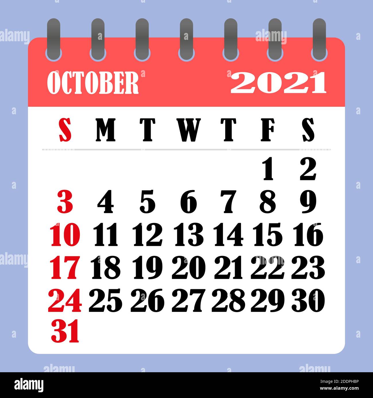Letter calendar for October 2021. The week begins on Sunday. Time, planning and schedule concept. Flat design. Removable calendar for the month. Vecto Stock Vector