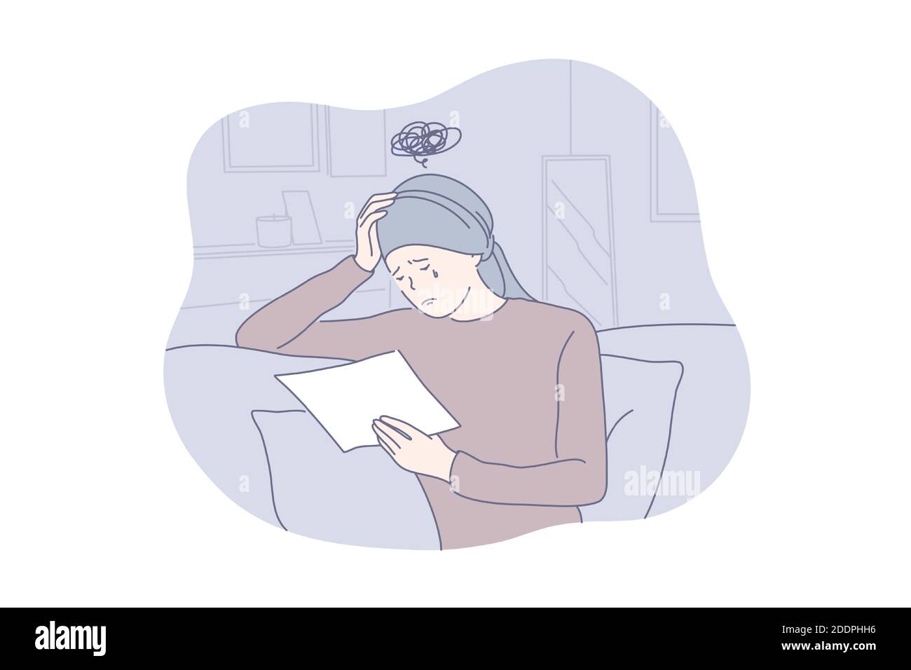 Depression, frustration, bad diagnosis concept. Depressed, frustrated woman is crying because of bad news, sitting on couch is hospice and reading che Stock Vector