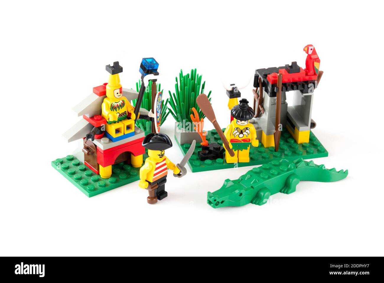 Lego Islanders set from 1990's featuring King Kahuka, pirates and crocodile. Stock Photo