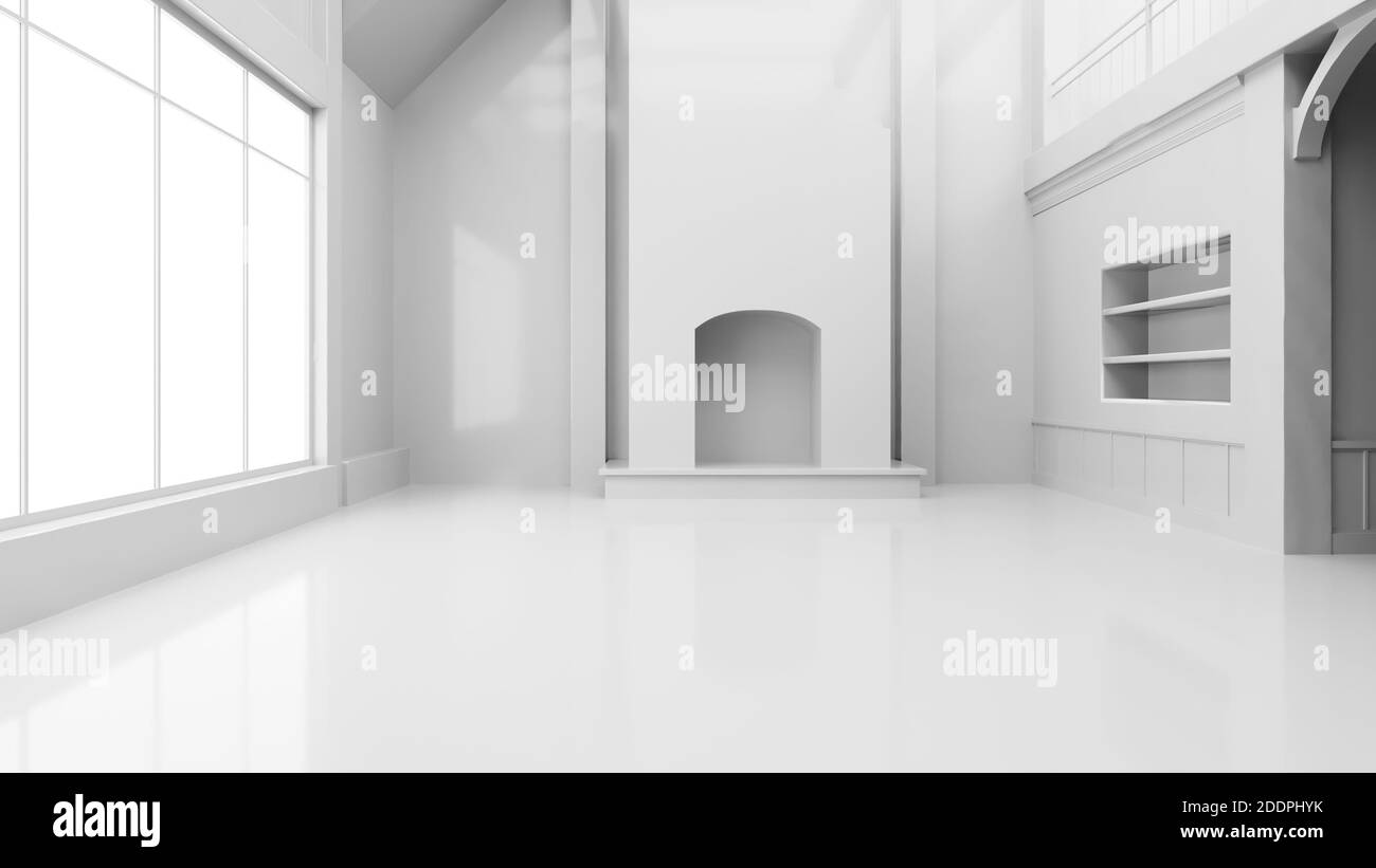 Room with fireplace. Empty room inside interior, realistic 3d illustration. Abstract white room, empty wall. Realistic white light in the room Stock Photo