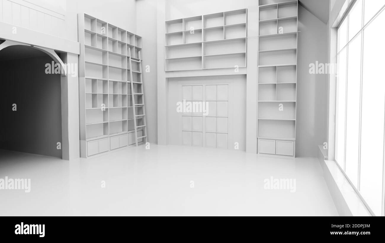 Room with bookcases. Empty room inside interior, realistic 3d ...