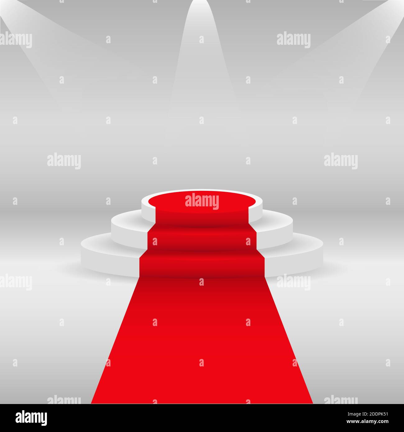 Red carpet and podium. White round pedestal with letter, accented in tone. Stage podium with lighting, scenario of the awards ceremony. Vector illustr Stock Vector