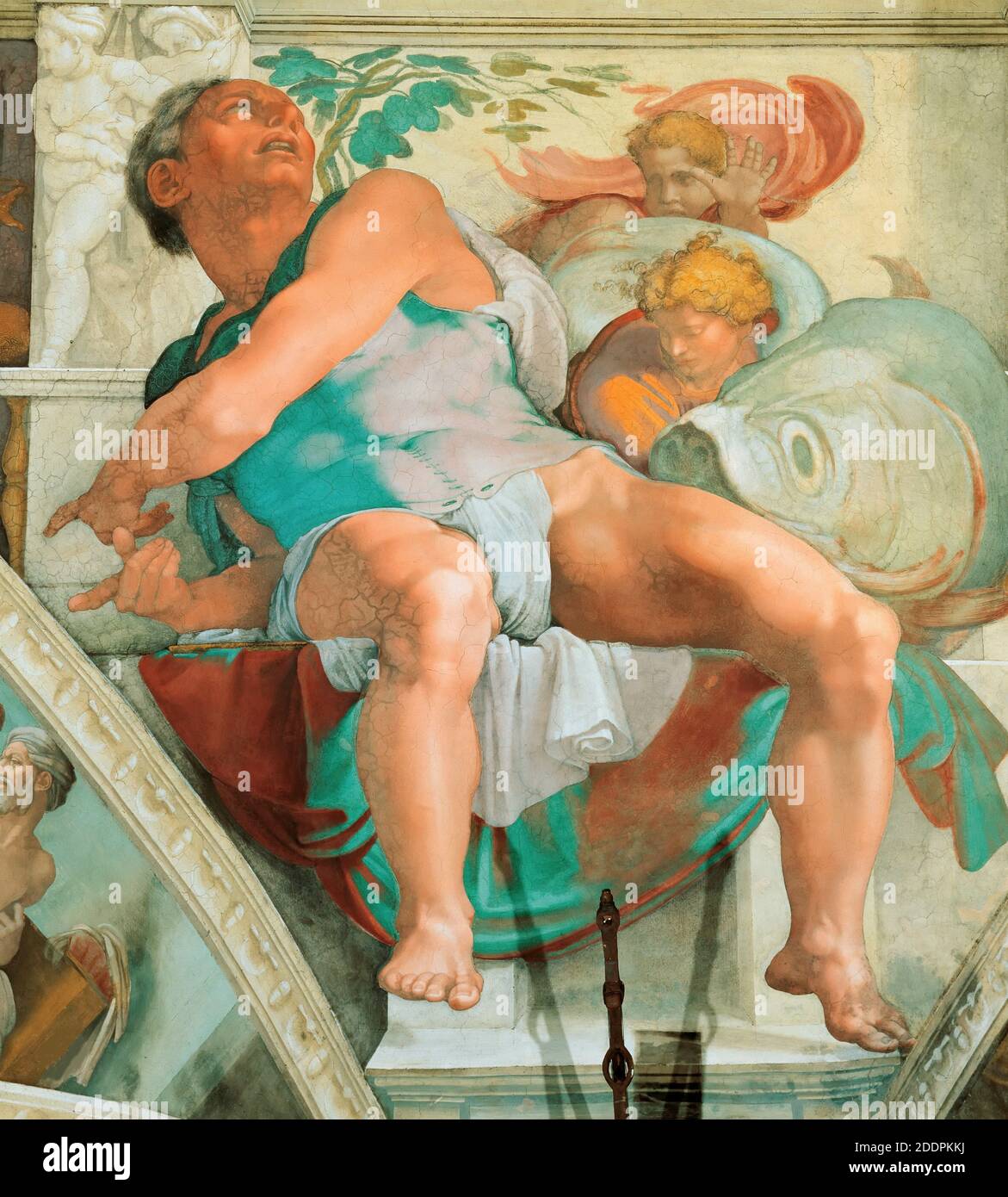 Prophets and Sibyls: Jonah (Sistine Chapel ceiling in the Vatican). Photo after restoration. Museum: The Sistine Chapel, Vatican. Author: MICHELANGELO BUONARROTI. Stock Photo