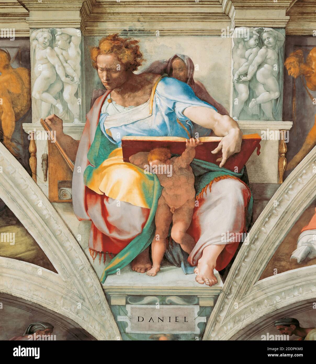 Prophets and Sibyls: Daniel (Sistine Chapel ceiling in the Vatican). Photo after restoration. Museum: The Sistine Chapel, Vatican. Author: MICHELANGELO BUONARROTI. Stock Photo