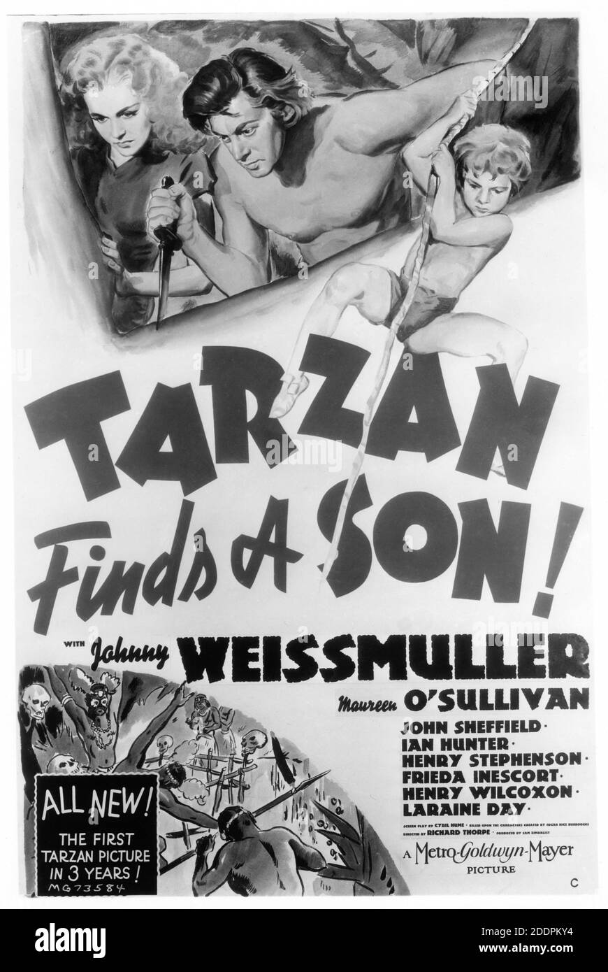JOHNNY WEISSMULLER MAUREEN O'SULLIVAN and JOHN SHEFFIELD in TARZAN FINDS A SON ! 1939 director RICHARD THORPE screenplay Cyril Hume based on characters created by Edgar Rice Burroughs Metro Goldwyn Mayer Stock Photo