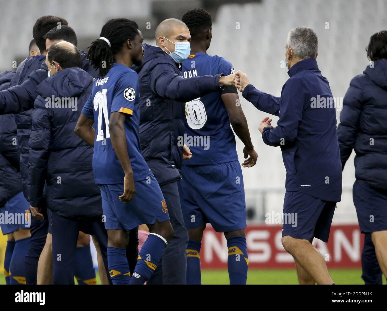 Marseille, France. 25th Nov 2020. Pepe of Porto, wearing a mask and wasn't  playing congratulates his teammates following the UEFA Champions League,  Group C football match between Olympique de Marseille and FC