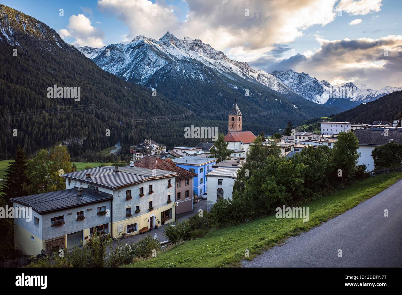snow covered mountains, ramosch switzerland Stock Photo
