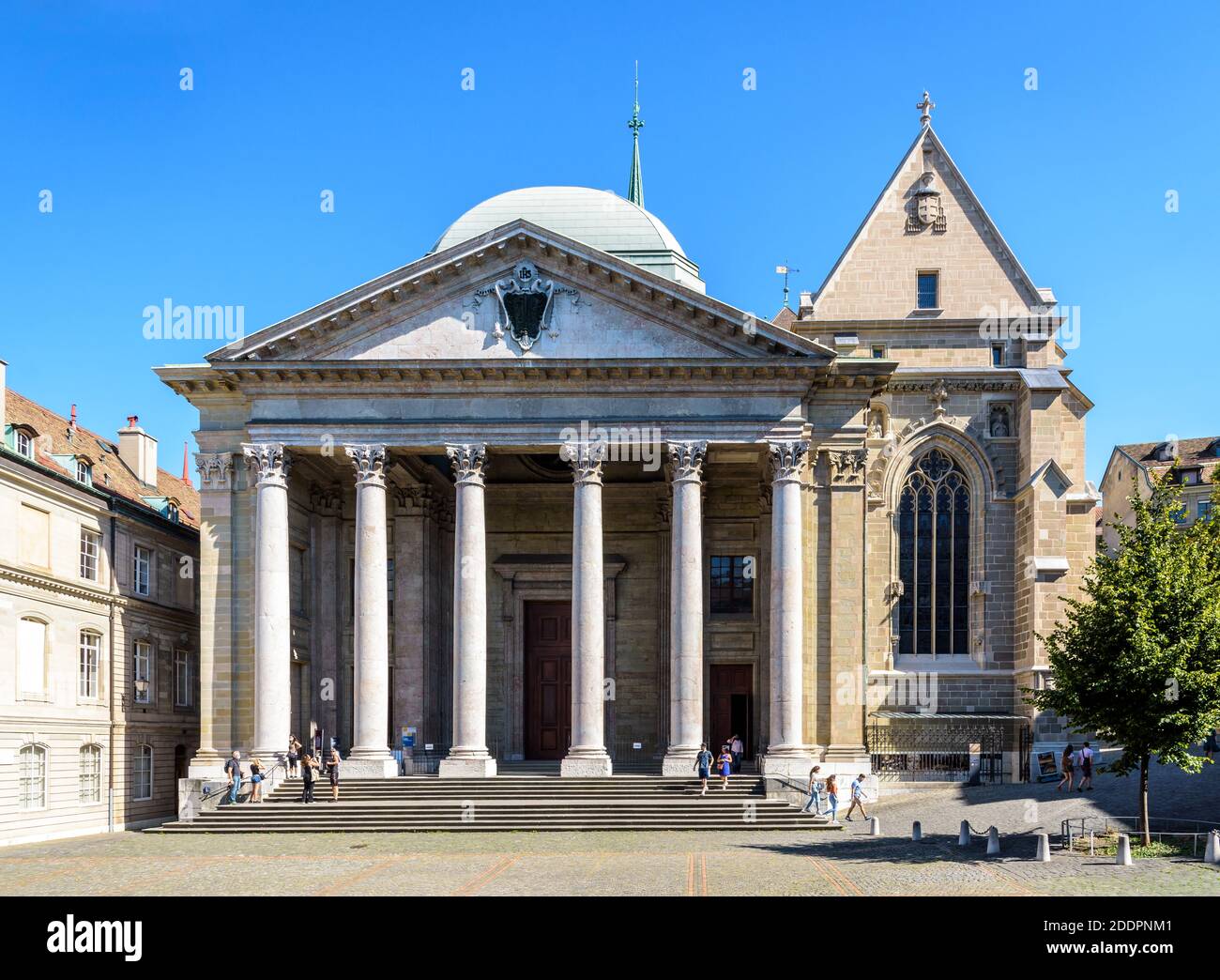 Front view of St. Pierre cathedral in the old town of Geneva, a former Roman catholic cathedral converted to a Protestant church. Stock Photo