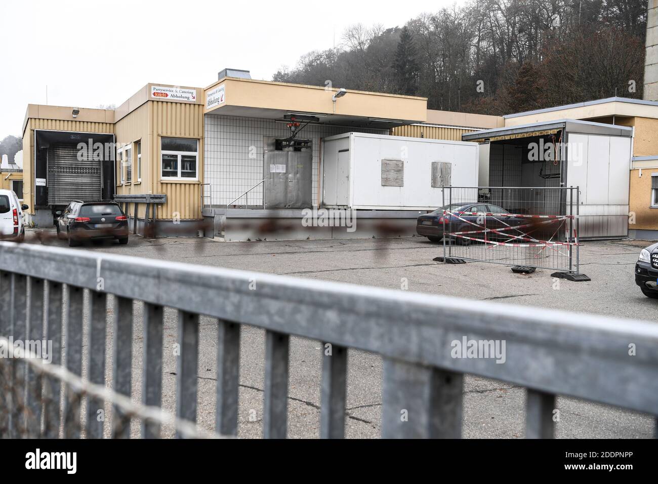 26 November 2020, Baden-Wuerttemberg, Biberach an der Riß: The Biberach slaughterhouse is closed. A grid with a fluttering band in front of the entrance marks the closure. Photo: Felix Kästle/dpa Stock Photo