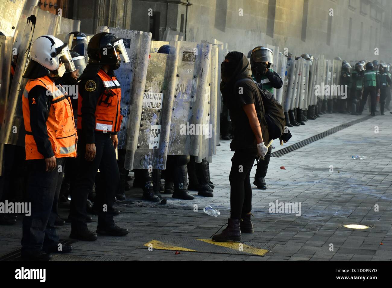Mexico City, Mexico. 25th Nov, 2020. MEXICO CITY, MEXICO - NOVEMBER 25: A  woman confronts a riot police line during the annual march of Day for the  Elimination of Violence against Women
