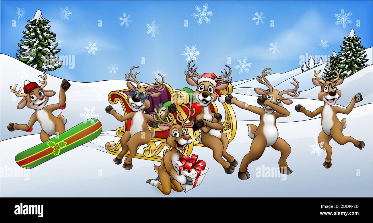 Christmas Fun Scene Santa Claus Sled Reindeer Stock Vector