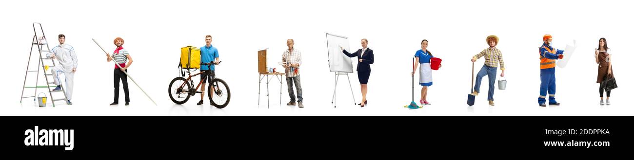 Group of people with different professions on white background, horizontal. Modern workers of diverse occupations, male and female models like stylist, painter, farmer, accountant with equipment Stock Photo