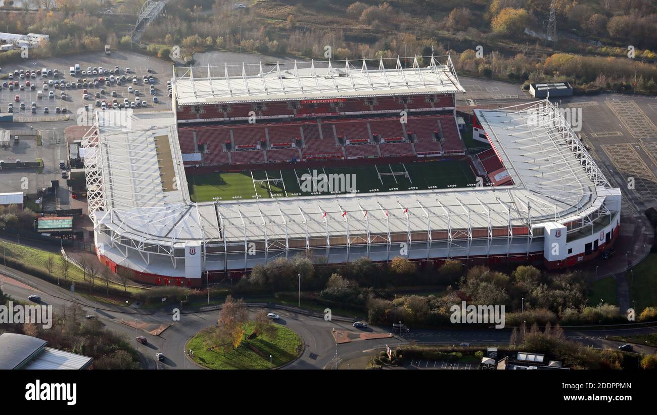 Aerial view of Bet365 stadium, home of Stoke City FC. View is looking into The Franklyn Stand Stock Photo