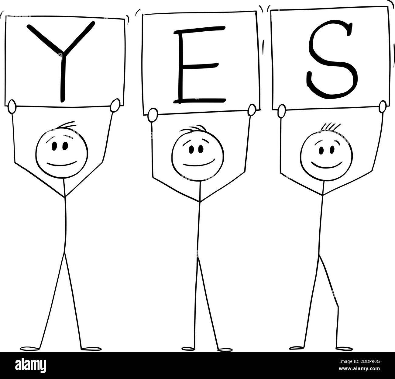 Vector cartoon stick figure illustration of three smiling positive men on demonstration holding yes signs. Stock Vector