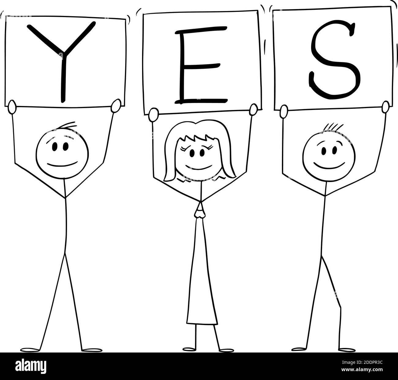 Vector cartoon stick figure illustration of three smiling positive people on demonstration holding yes signs. Stock Vector