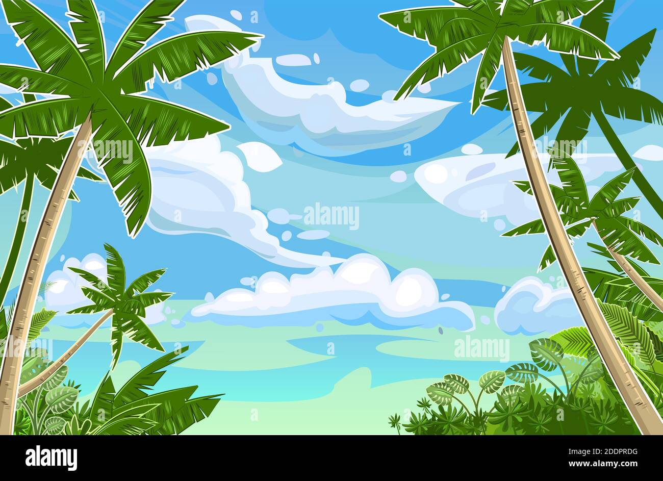 Jungle tropical landscape. Plants, shrubs and palms. Sky with clouds. Cartoon. Flat, style. Background illustration. Stock Vector