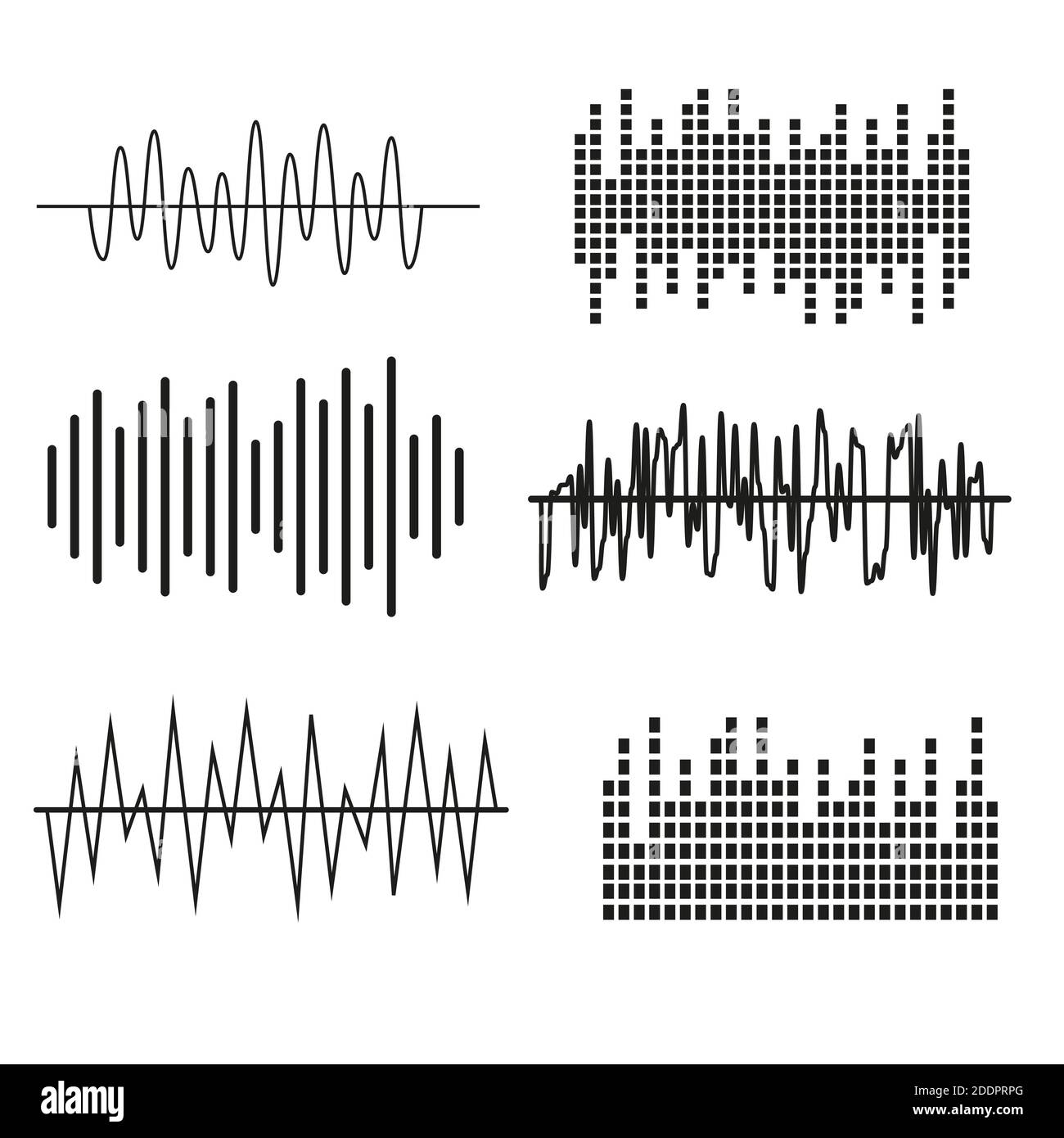 Sound wave icon set. Compare audio and stereo, tune. Black and white ...