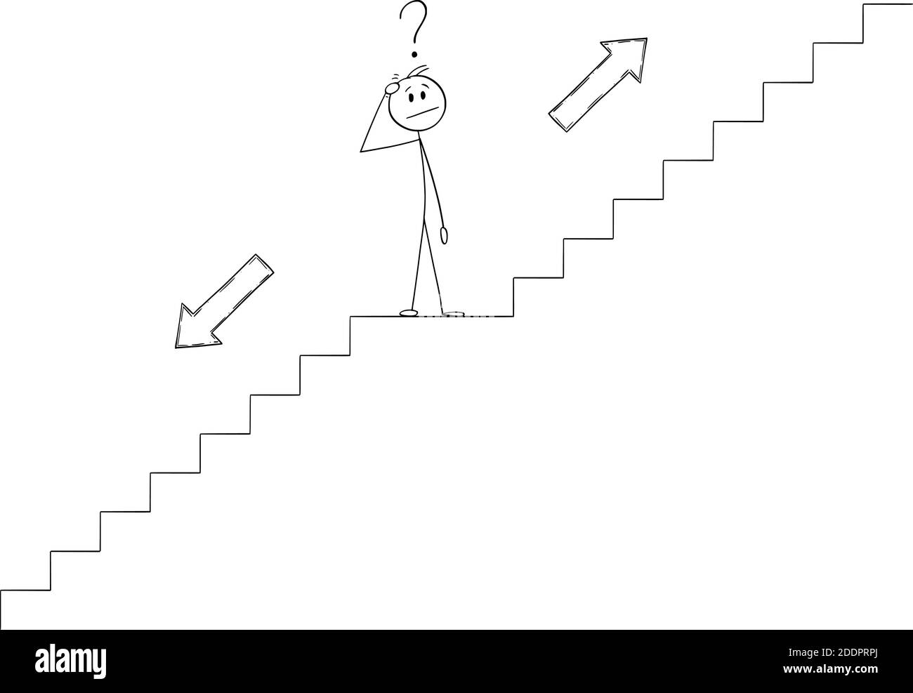 Vector cartoon stick figure illustration of man or businessman thinking on stairs or staircase or stairway and thinking about future direction, choosing to go up or down. Stock Vector