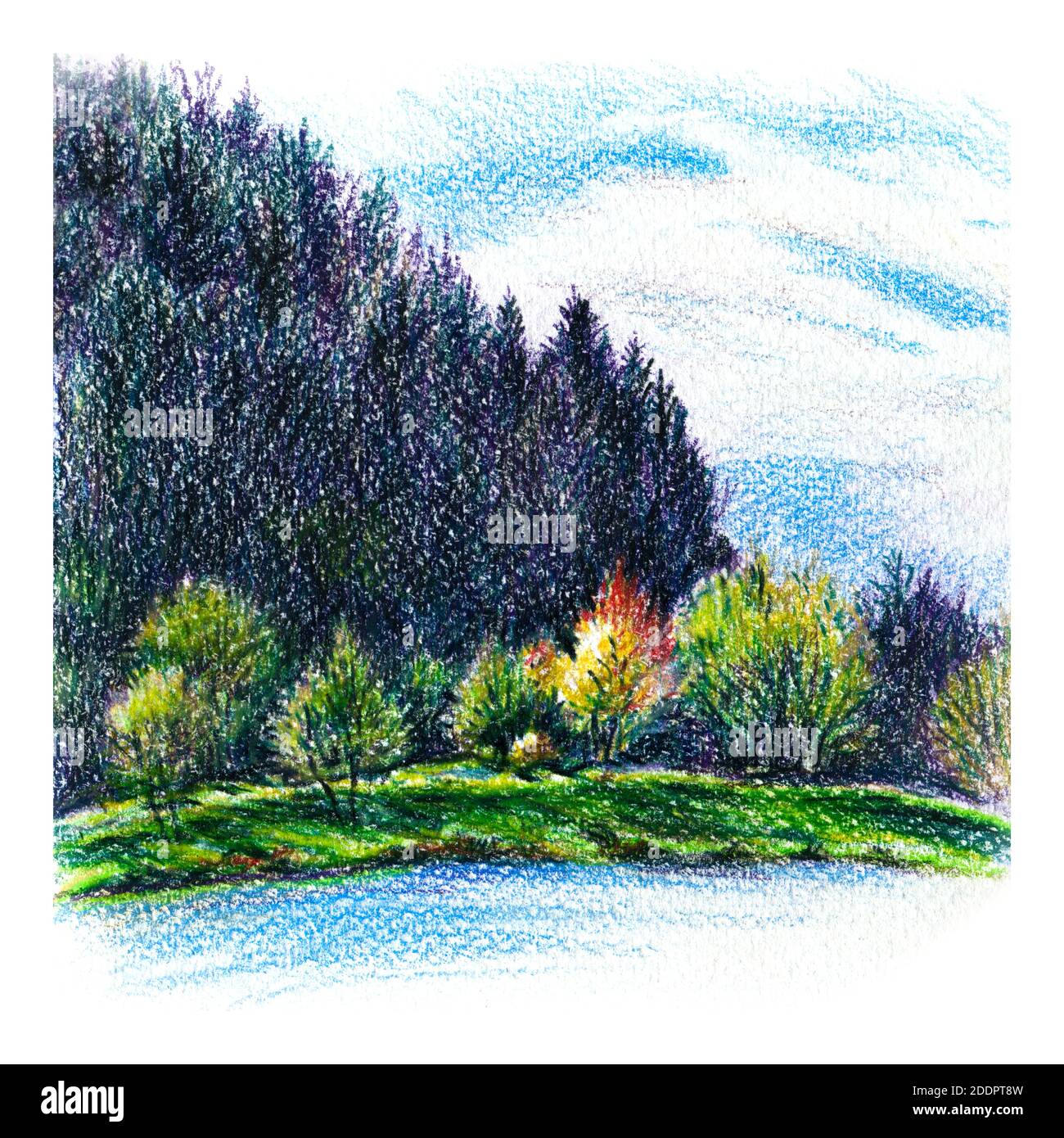 Colored pencils sketch of Sunny autumn carpathian Lake and forest Stock Photo