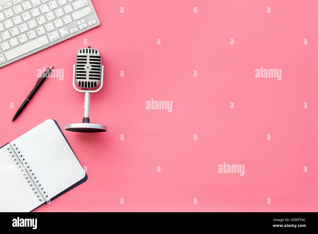 Blogger and streamer job with microphone on table, top view Stock Photo