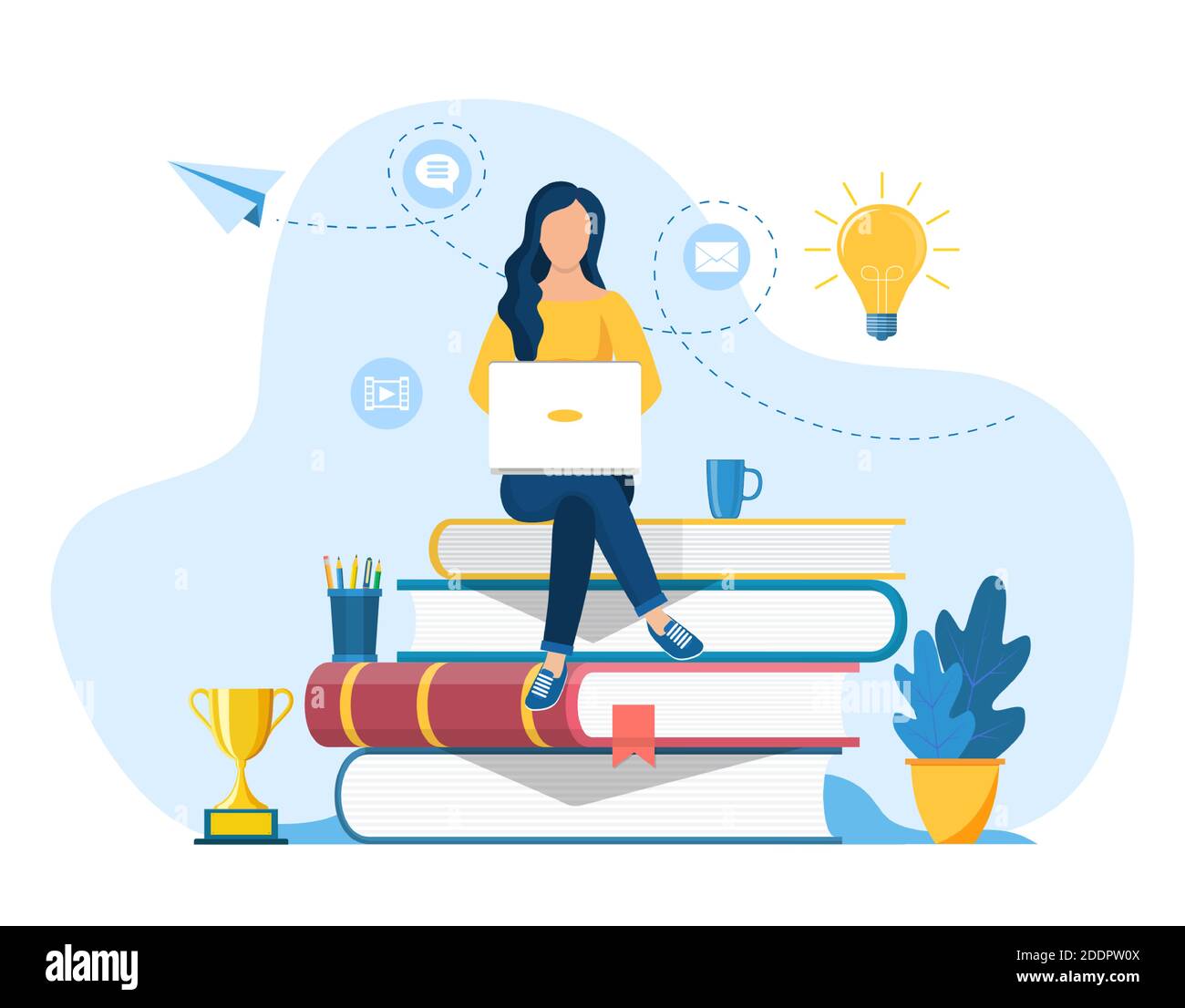 Girl sitting on pile of books Stock Vector Image & Art - Alamy