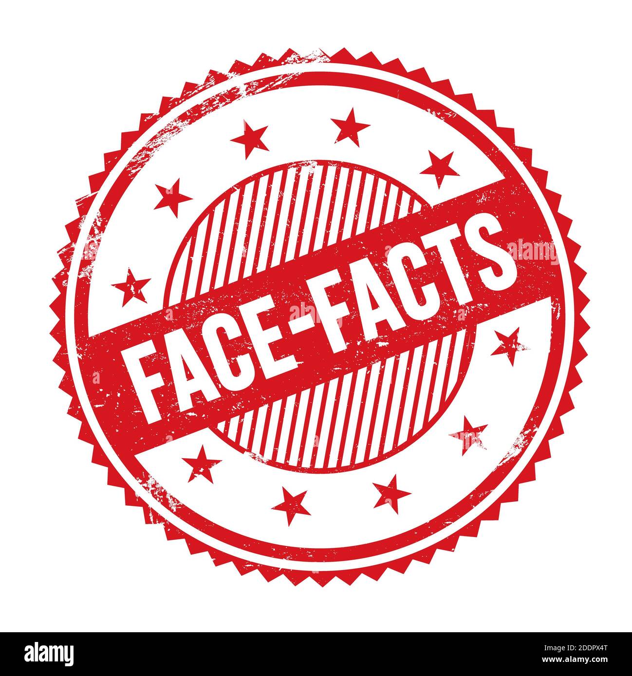 FACE-FACTS text written on red grungy zig zag borders round stamp. Stock Photo