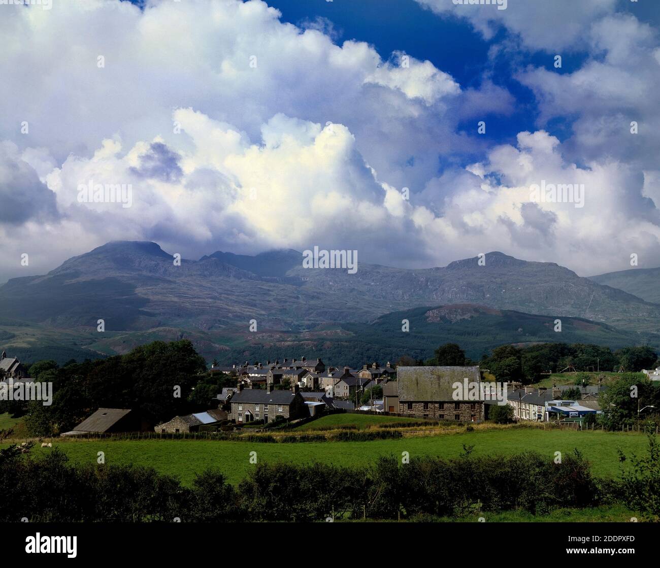 Blaenau Ffestiniog Gwynedd, Wales UKcopy space dramatic sky & clouds with Snowdonia Mountains in background UNESCO World heritage Site 2021 copy space Stock Photo