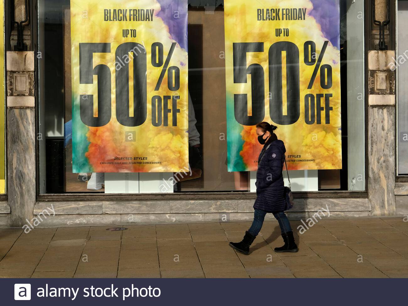 Edinburgh, Scotland, UK. 26th  Nov 2020. Black Friday discounts on Princes Street shop windows. Topshop window. Black Friday falls tomorrow on 27th November. Credit: Craig Brown/Alamy Live News Stock Photo