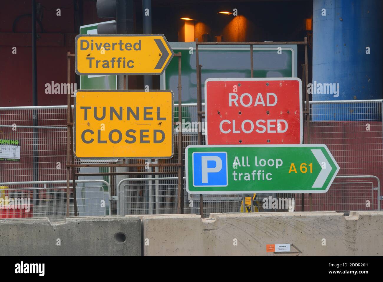 road and tunnel closed and diversion warning signs at regents street flyover in leeds united kingdom Stock Photo
