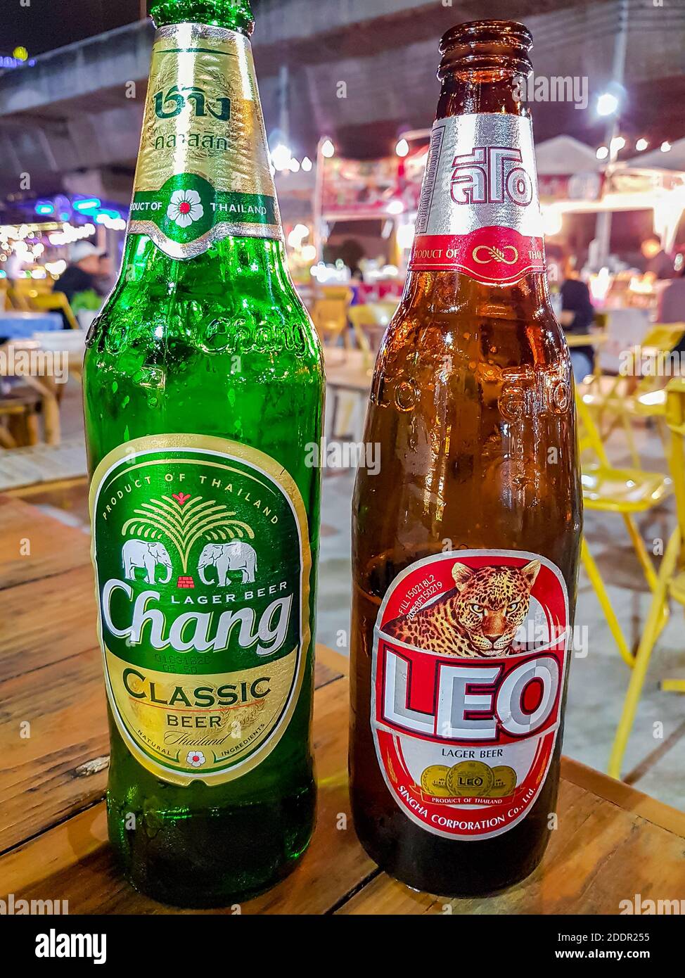 Chang and Leo beer Thai night market street food in Huai Khwang