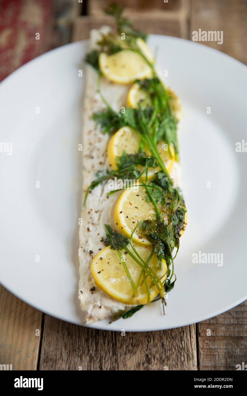 A fillet from a line caught bass, Dicentrarchus labrax, that has been ...