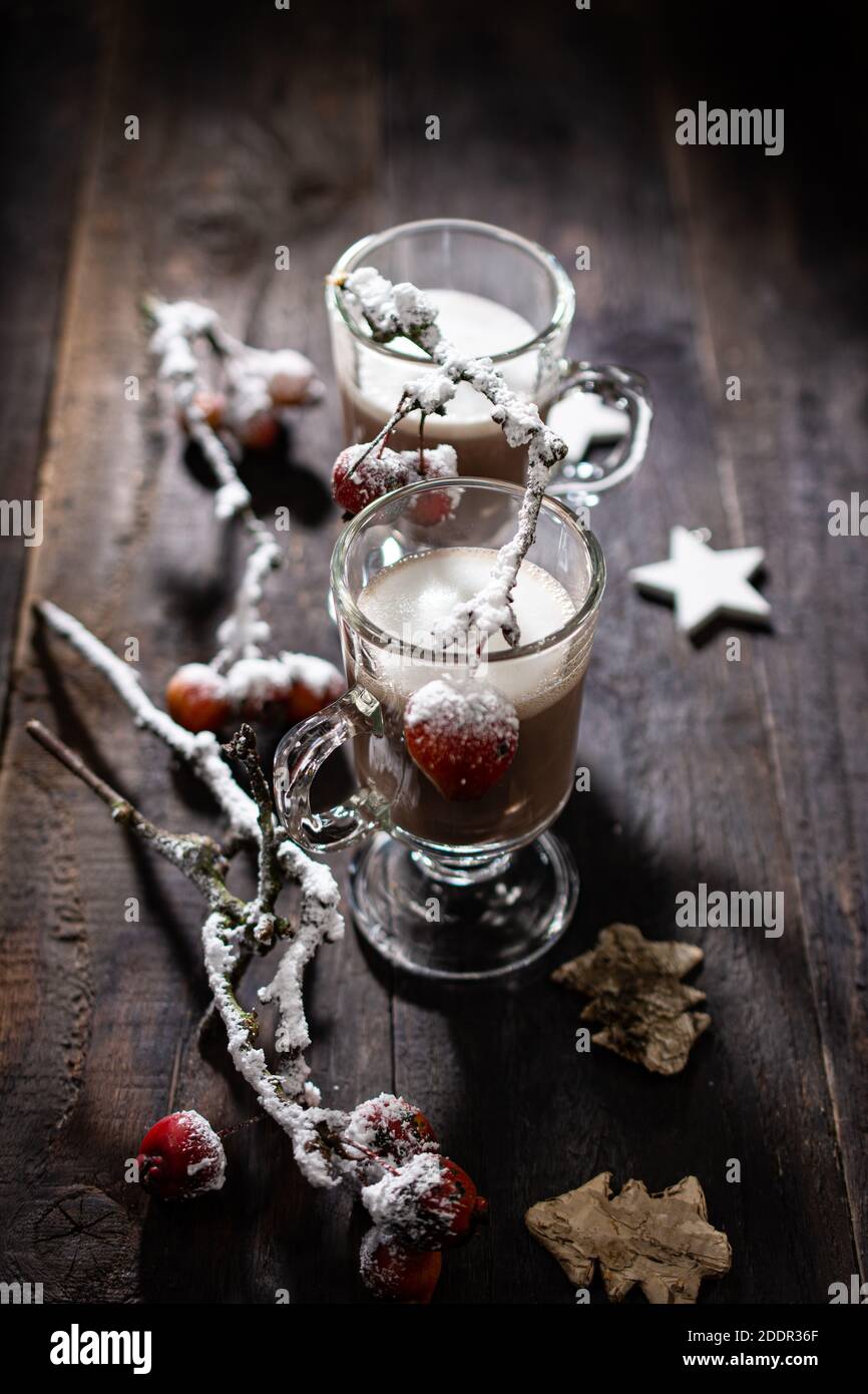 Winter hot chocolate.Sweet protein drink.Healthy food.Christmas ornament. Stock Photo