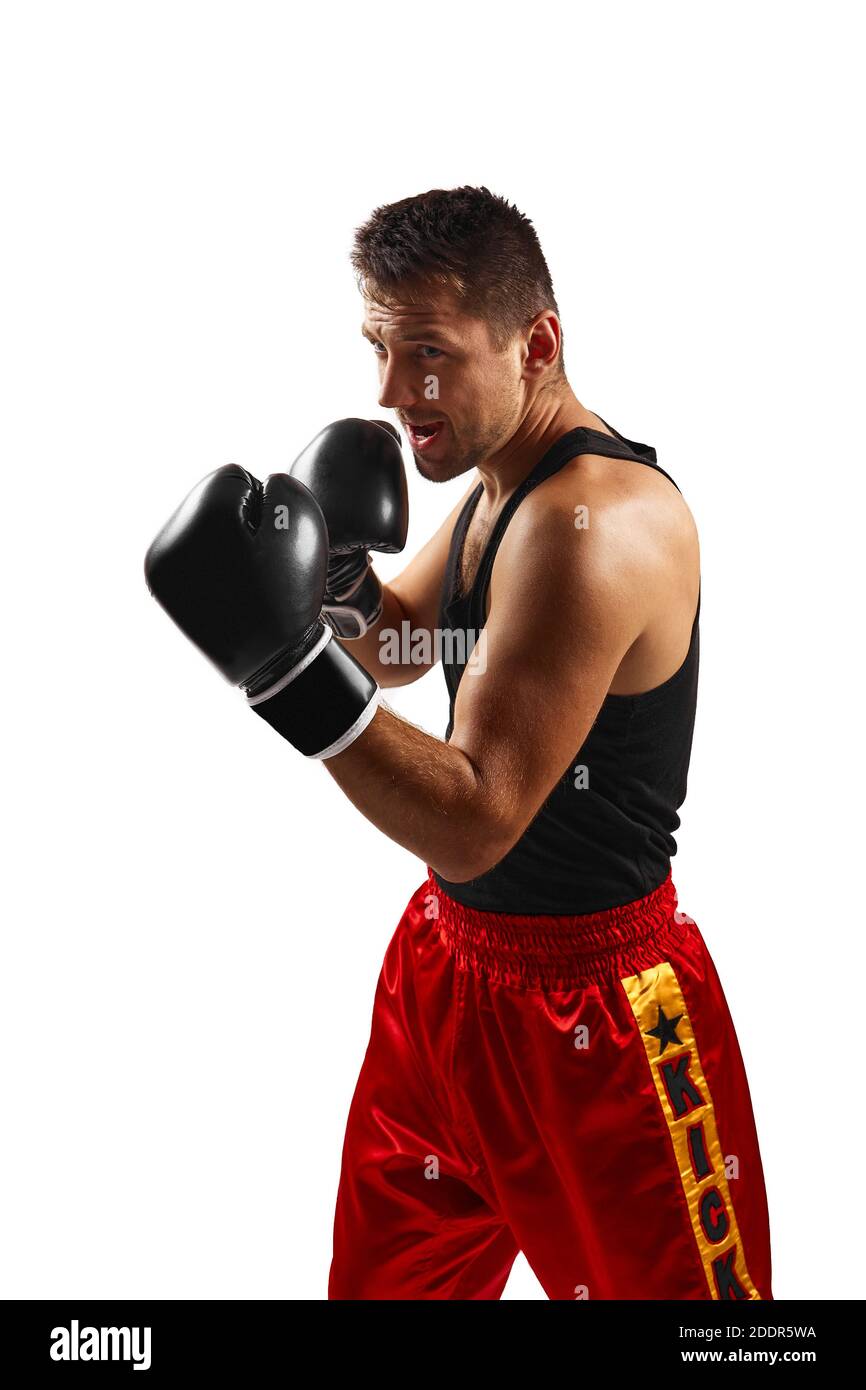 sportsman boxer in black boxing gloves punching isolated on white ...
