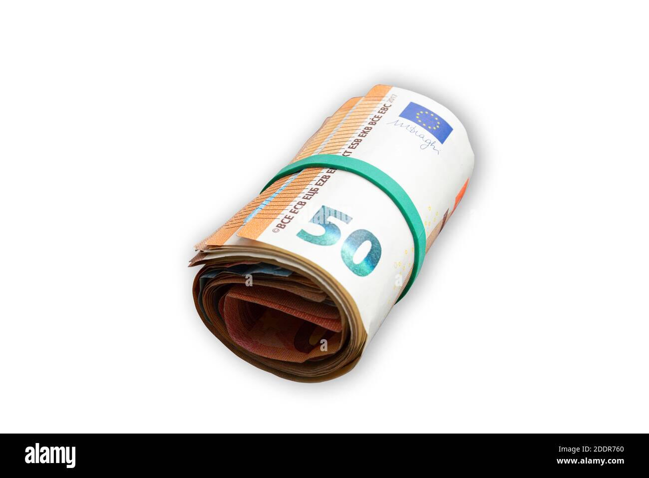 close-up of money roll with rubber band isolated on white background Stock Photo