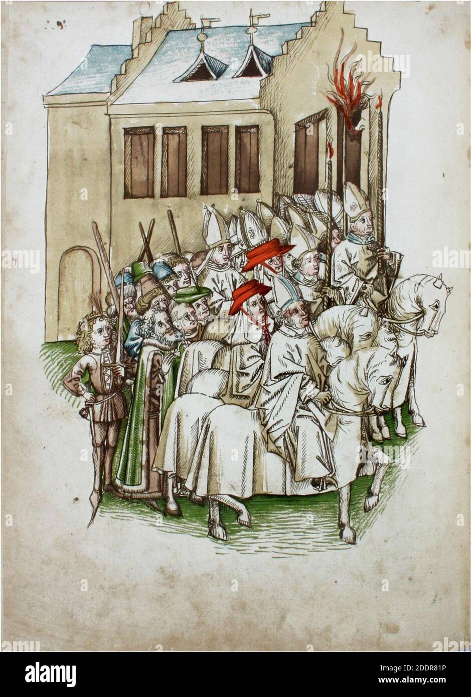 Konstanzer Richental Chronik Papstkrönung, Gruppe von berittenen Bischöfen betrachtet die Papstkrönung 102v. Stock Photo